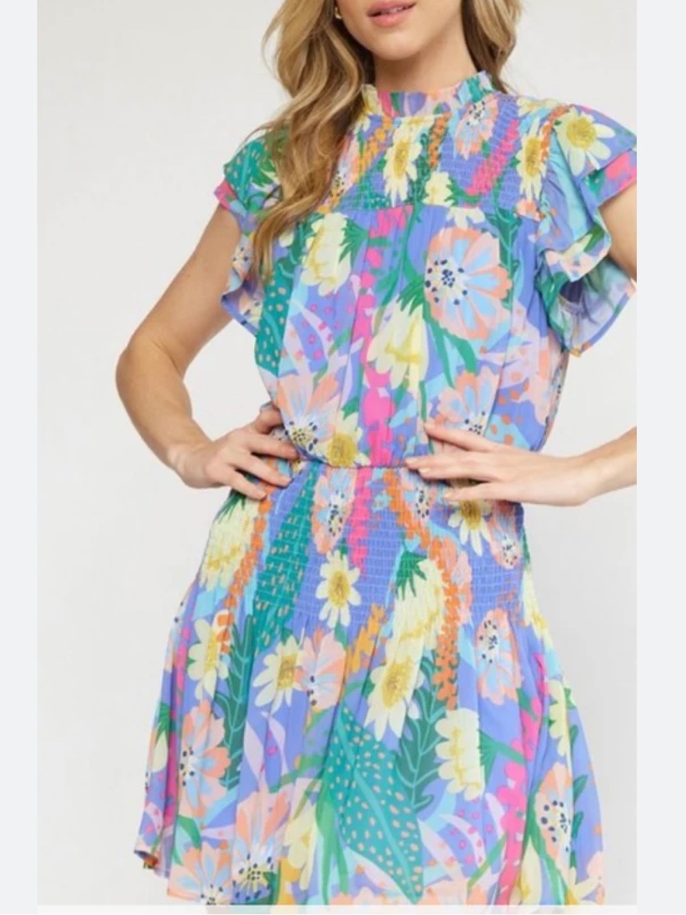 ENTRO smocked ruffle TWINE Floral mock neck dress boutique large